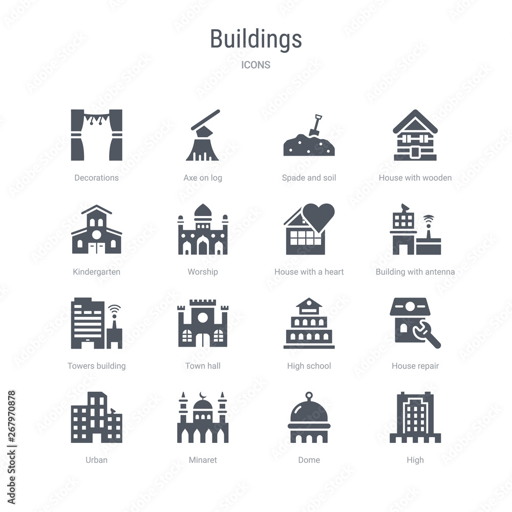 set of 16 vector icons such as high, dome, minaret, urban, house repair, high school, town hall, towers building transmission from buildings concept. can be used for web, logo, ui\u002fux