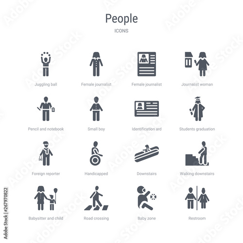 set of 16 vector icons such as restroom, baby zone, road crossing, babysitter and child, walking downstairs, downstairs, handicapped, foreign reporter from people concept. can be used for web, logo,