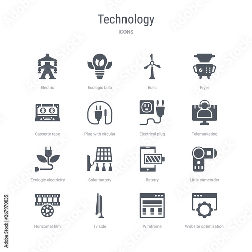 set of 16 vector icons such as website optimization, wireframe, tv side, horizontal film strip, little camcorder, baterry, solar battery, ecologic electricity from technology concept. can be used