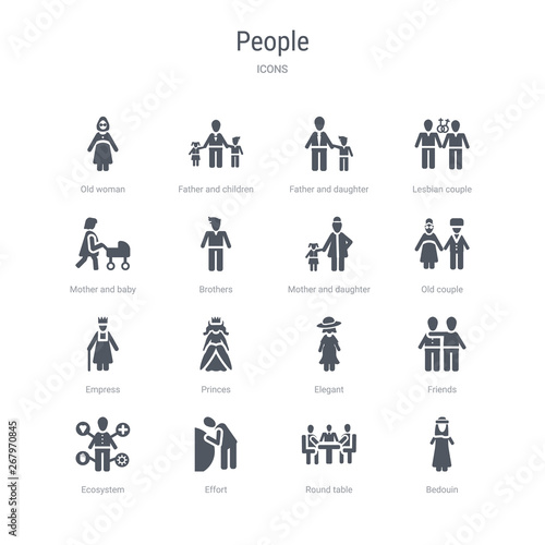 set of 16 vector icons such as bedouin  round table  effort  ecosystem  friends  elegant  princes  empress from people concept. can be used for web  logo  ui u002fux