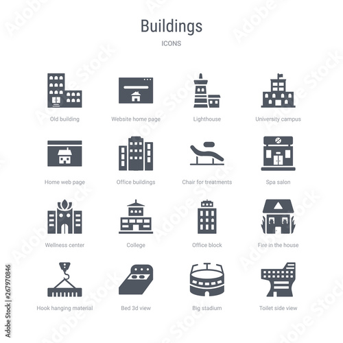 set of 16 vector icons such as toilet side view, big stadium, bed 3d view, hook hanging material, fire in the house, office block, college, wellness center from buildings concept. can be used for