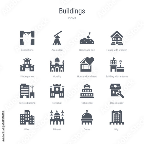set of 16 vector icons such as high, dome, minaret, urban, house repair, high school, town hall, towers building transmission from buildings concept. can be used for web, logo, ui\u002fux