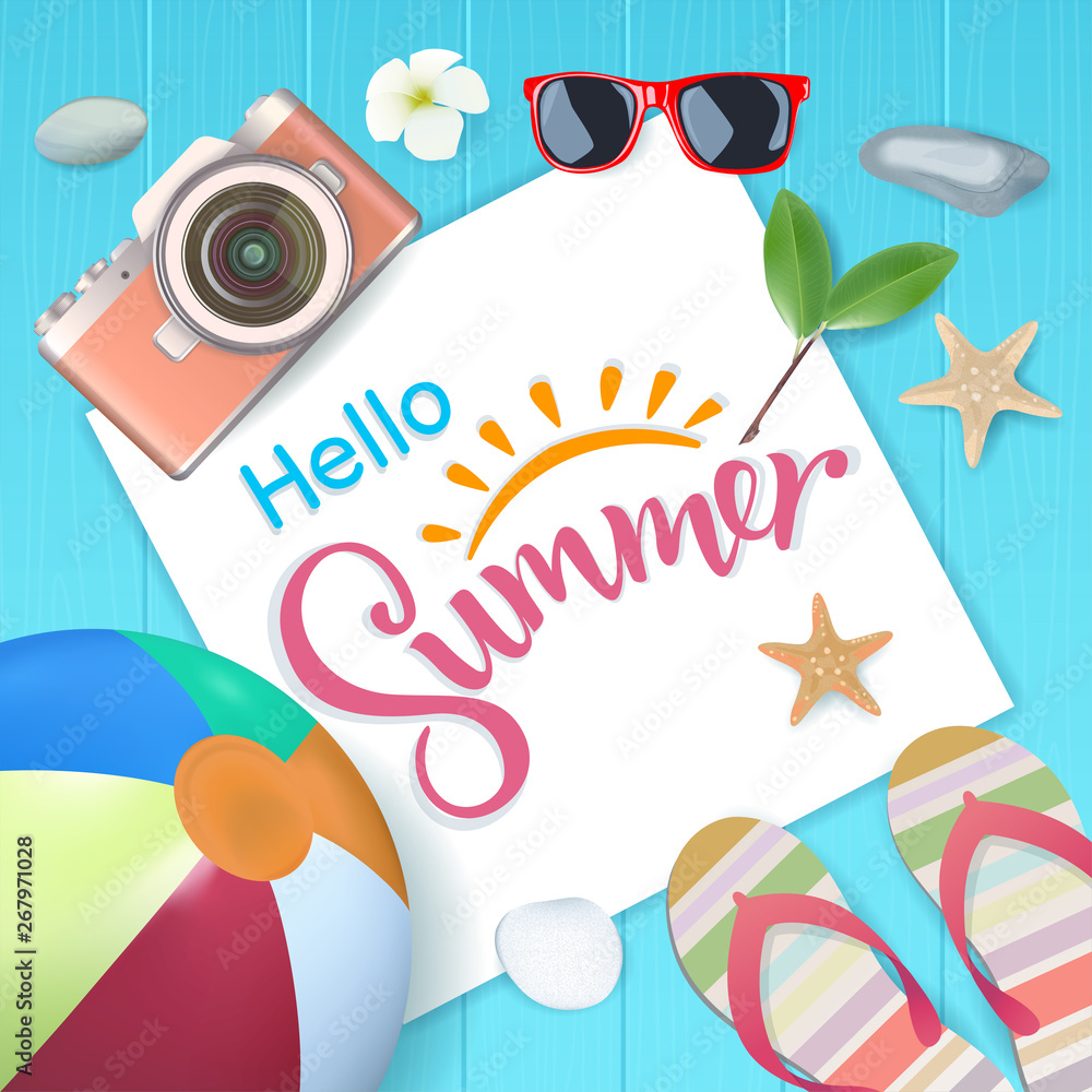 Top view, Hello summer with copy space for text on blue wooden background, vector illustration.