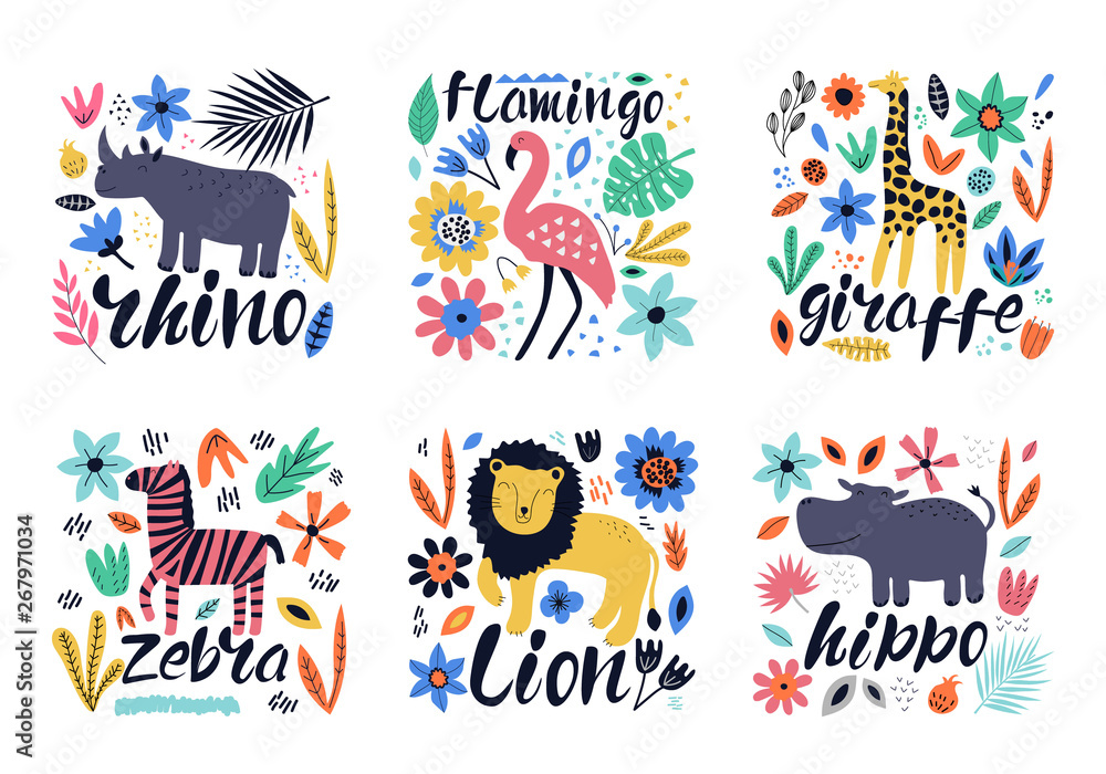 Hand drawn colorful collection of animals with flowers and leaves. Hippo - word with cute design. Scandinavian style design. Vector illustration