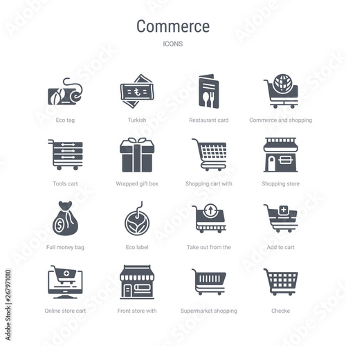 set of 16 vector icons such as checke, supermarket shopping cart, front store with awning, online store cart, add to cart, take out from the eco label, full money bag from commerce concept. can be