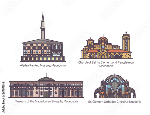 Set of line isolated historical Macedonia building