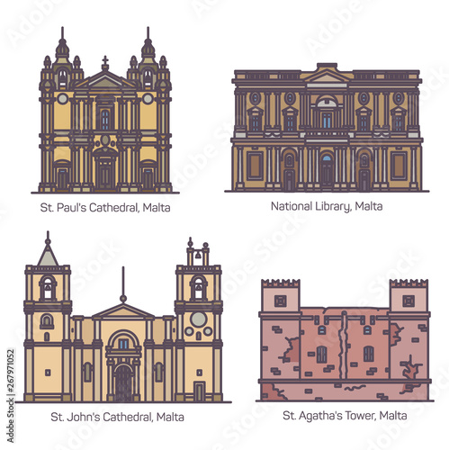 Maltese famous landmarks or Malta architecture set