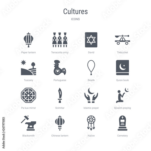 set of 16 vector icons such as cemetery, native, chinese lantern, blacksmith, muslim praying, islamic prayer, scimitar, pa kua mirror from cultures concept. can be used for web, logo, ui\u002fux