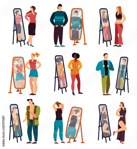 Man and woman dressing and looking at mirror