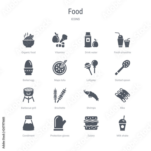 set of 16 vector icons such as milk shake, eatery, protection gloves, condiment, ribs, shrimps, brochette, barbecue grill from food concept. can be used for web, logo, ui\u002fux