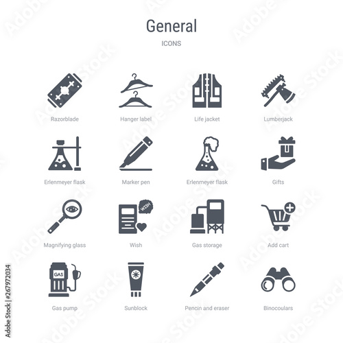 set of 16 vector icons such as binocoulars, pencin and eraser, sunblock, gas pump, add cart, gas storage, wish, magnifying glass searcher from general concept. can be used for web, logo, ui\u002fux