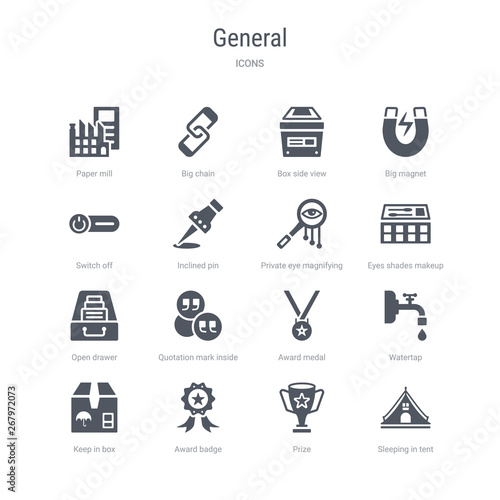 set of 16 vector icons such as sleeping in tent, prize, award badge, keep in box, watertap, award medal, quotation mark inside a circle, open drawer from general concept. can be used for web, logo,