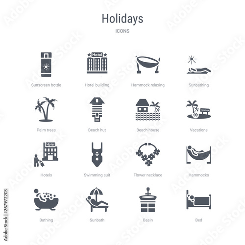 set of 16 vector icons such as bed, basin, sunbath, bathing, hammocks, flower necklace, swimming suit, hotels from holidays concept. can be used for web, logo, ui\u002fux