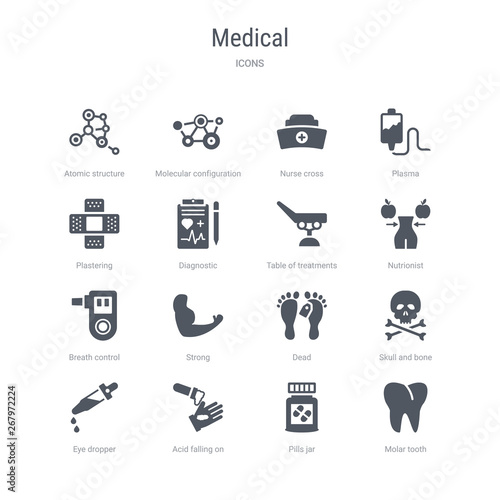set of 16 vector icons such as molar tooth, pills jar, acid falling on hand, eye dropper, skull and bone, dead, strong, breath control from medical concept. can be used for web, logo, ui\u002fux