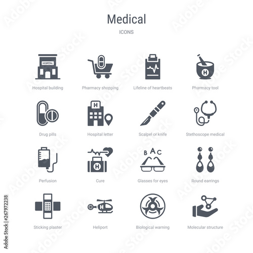 set of 16 vector icons such as molecular structure, biological warning, heliport, sticking plaster, round earrings, glasses for eyes, cure, perfusion from medical concept. can be used for web, logo,