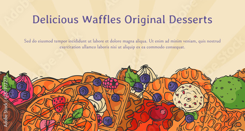 Crispy wafer recipe poster chocolate cream flavor belgian dessert cookie vector illustration. Sweet food snack biscuit with cream. Waffle tasty pastry bakery delicious confectionery caramel.