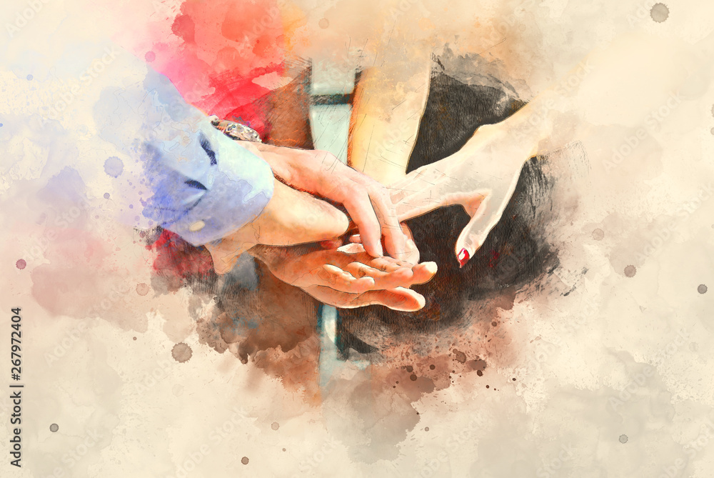 Abstract colorful shape on Business handshake concept on watercolor illustration painting background.