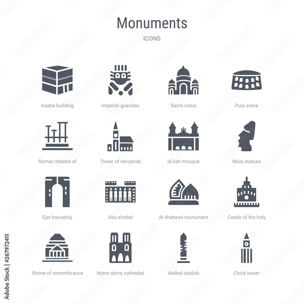 set of 16 vector icons such as clock tower, walled obelisk, notre dame cathedral, shrine of remembrance, castle of the holy angel in rome, al shaheed monument, abu simbel, ejer baunehoj from