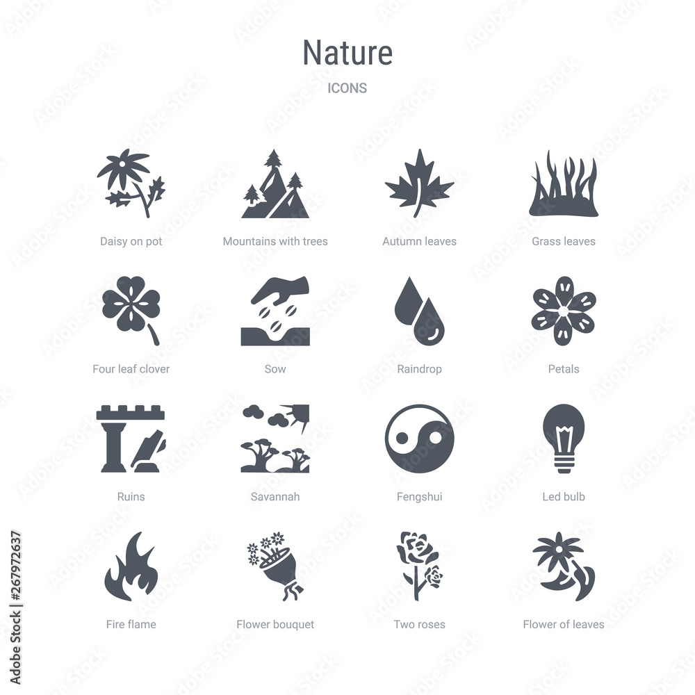 set of 16 vector icons such as flower of leaves, two roses, flower bouquet, fire flame, led bulb, fengshui, savannah, ruins from nature concept. can be used for web, logo, ui\u002fux
