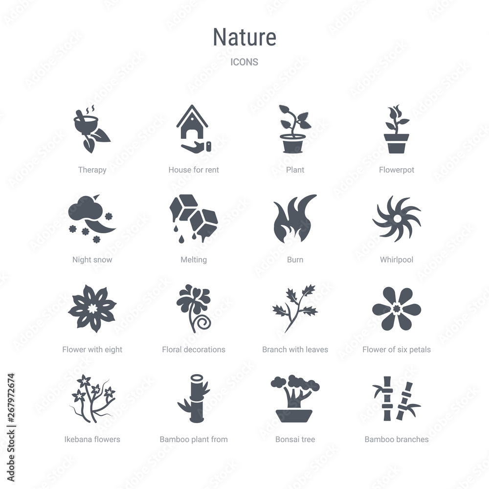set of 16 vector icons such as bamboo branches, bonsai tree, bamboo plant from japan, ikebana flowers, flower of six petals from japan, branch with leaves, floral decorations, flower with eight