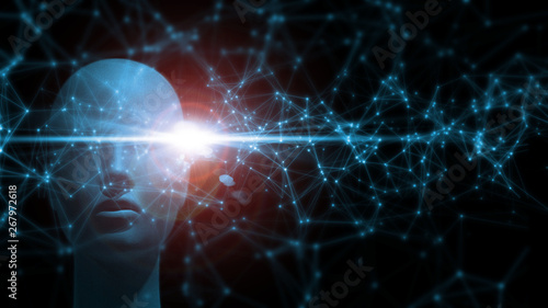 3D Rendering of network connection nodes with sun light flare glowing and cyborg head. Concept of Artificial intelligence that involves deep machine learning and big data processing.