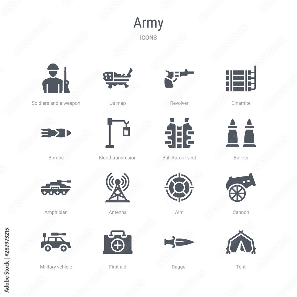 set of 16 vector icons such as tent, dagger, first aid, military vehicle, cannon, aim, antenna, amphibian from army concept. can be used for web, logo, ui\u002fux set of 16 vector icons such as tent, dagger, first aid, military vehicle, cannon, aim, antenna, amphibian from army concept. can be used for web, logo, ui\u002fux