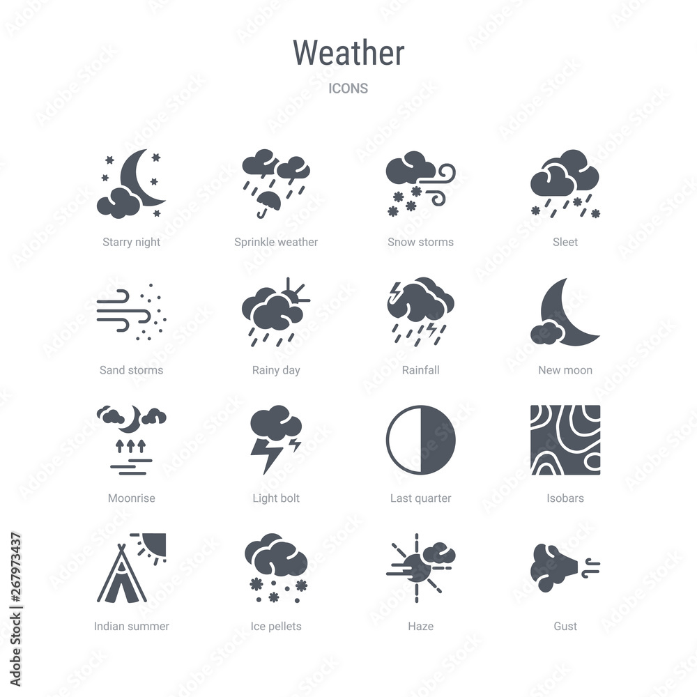 Obraz premium set of 16 vector icons such as gust, haze, ice pellets, indian summer, isobars, last quarter, light bolt, moonrise from weather concept. can be used for web, logo, ui\u002fux