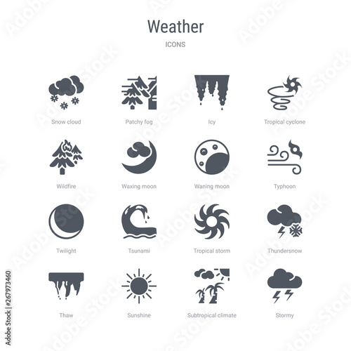 set of 16 vector icons such as stormy, subtropical climate, sunshine, thaw, thundersnow, tropical storm, tsunami, twilight from weather concept. can be used for web, logo, ui\u002fux