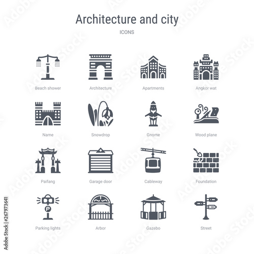 set of 16 vector icons such as street, gazebo, arbor, parking lights, foundation, cableway, garage door, paifang from architecture and city concept. can be used for web, logo, ui\u002fux