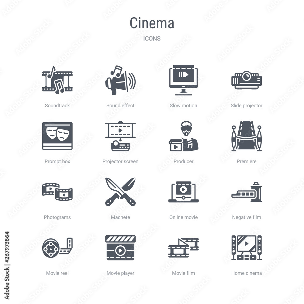 set of 16 vector icons such as home cinema, movie film, movie player, movie reel, negative film, online machete, photograms from cinema concept. can be used for web, logo, ui\u002fux set of 16 vector icons such as home cinema, movie film, movie player, movie reel, negative film, online machete, photograms from cinema concept. can be used for web, logo, ui\u002fux