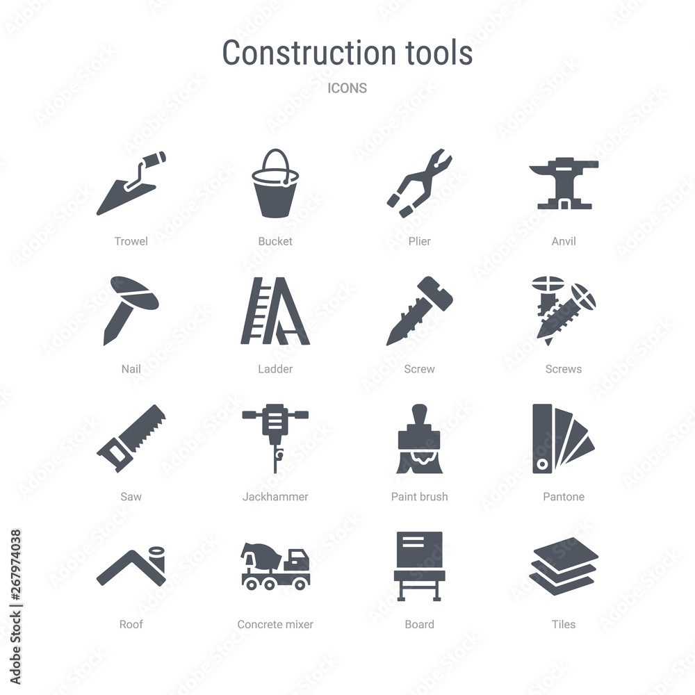 set of 16 vector icons such as tiles, board, concrete mixer, roof, pantone, paint brush, jackhammer, saw from construction tools concept. can be used for web, logo, ui\u002fux