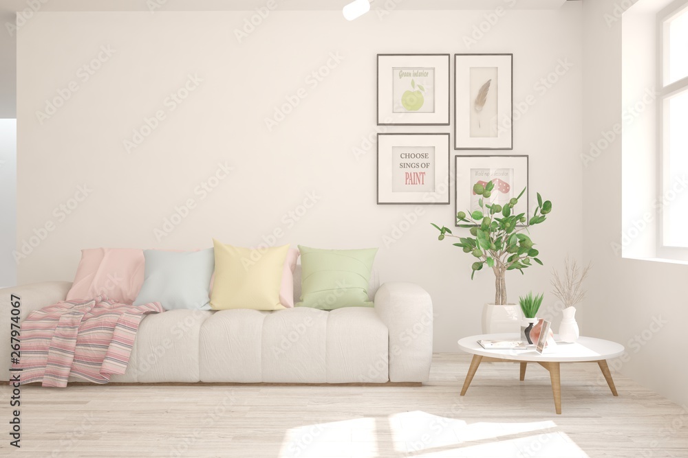 Stylish room in white color with sofa. Scandinavian interior design. 3D illustration Stylish room in white color with sofa. Scandinavian interior design. 3D illustration
