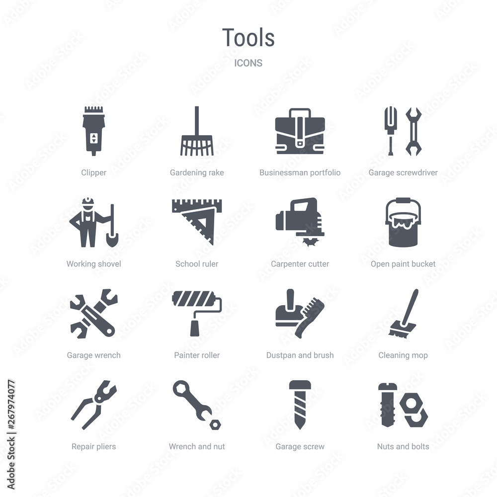 Fototapeta set of 16 vector icons such as nuts and bolts, garage screw, wrench and nut, repair pliers, cleaning mop, dustpan and brush, painter roller, garage wrench from tools concept. can be used for web,