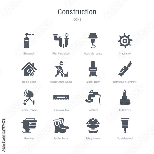 set of 16 vector icons such as scratcher tool, safety helmet, rubber boots, rammer, putty knife, polishers, plumb rule tool, cement mixers from construction concept. can be used for web, logo,