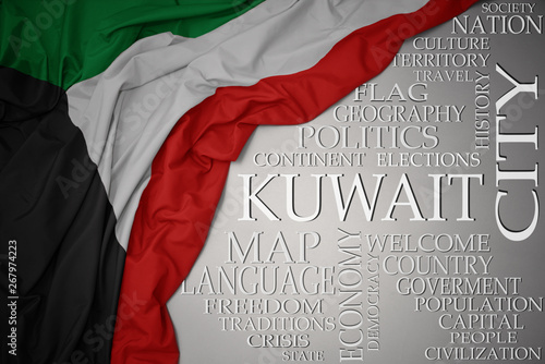 waving colorful national flag of kuwait on a gray background with important words about country