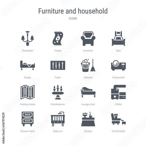 set of 16 vector icons such as comfortable, kotatsu, baby cot, drawer chest, chiller, lounge chair, candelabrum, folding screen from furniture and household concept. can be used for web, logo,
