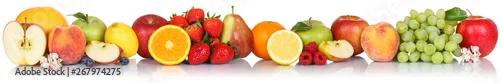 Obraz  z motywem Fruits collection apple apples orange berries grapes banner fresh fruit isolated on white in a row