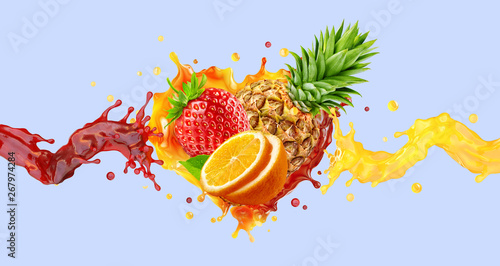 Fototapeta Naklejka Na Ścianę i Meble -  Healthy orange, strawberry, pineapple fruit juices liquid splashes. Fruits juice splashing together - orange, pineapple, strawberry juice in two colorful splashes. Ad label design. 3D