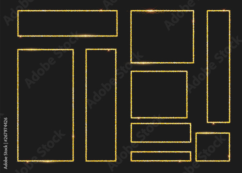 Gold shiny glowing frames set with shadows isolated on transparent background. Pack of luxury realistic square, round, oval borders. Vector illustration