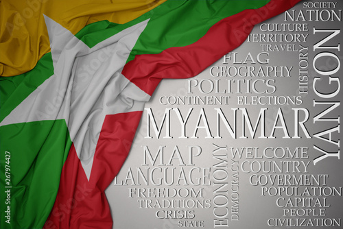 waving colorful national flag of myanmar on a gray background with important words about country