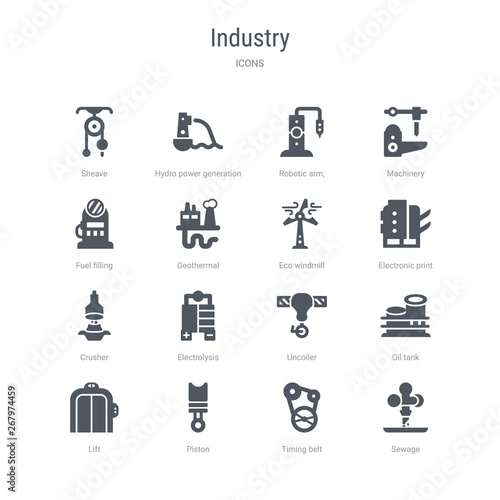 set of 16 vector icons such as sewage, timing belt, piston, lift, oil tank, uncoiler, electrolysis, crusher from industry concept. can be used for web, logo, ui\u002fux