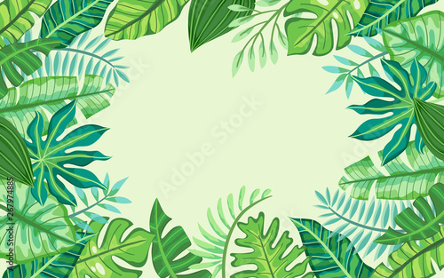 Tropical frame design with exotic plants. Green background with place for text. Template for greeting cards, banners, posters...
