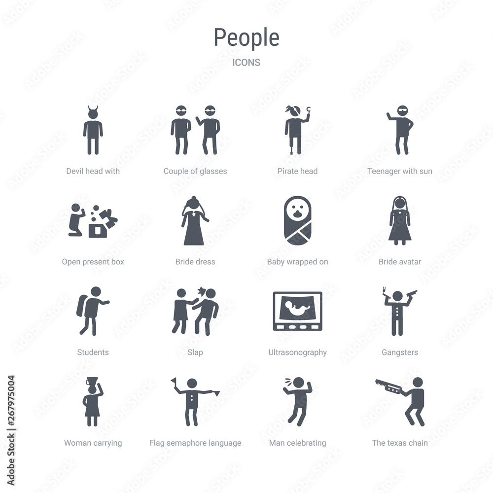 set of 16 vector icons such as the texas chain saw massacre, man celebrating, flag semaphore language, woman carrying, gangsters, ultrasonography, slap, students from people concept. can be used for set of 16 vector icons such as the texas chain saw massacre, man celebrating, flag semaphore language, woman carrying, gangsters, ultrasonography, slap, students from people concept. can be used for