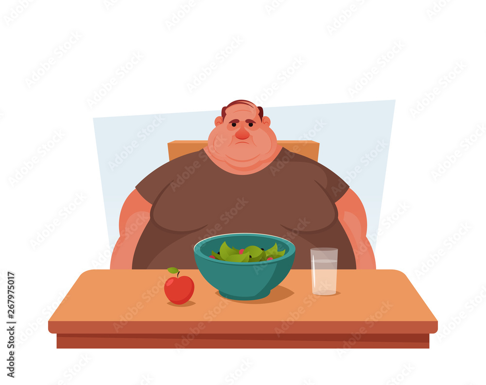 Chubby Character Sitting at the Table with a Healthy Food. Cartoon Style. Vector Illustration Chubby Character Sitting at the Table with a Healthy Food. Cartoon Style. Vector Illustration