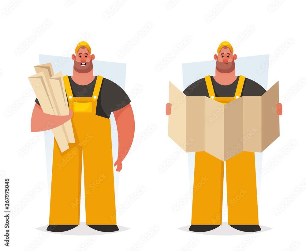 Strong Worker: Builder with Drawings. Cartoon Style. Vector Illustration