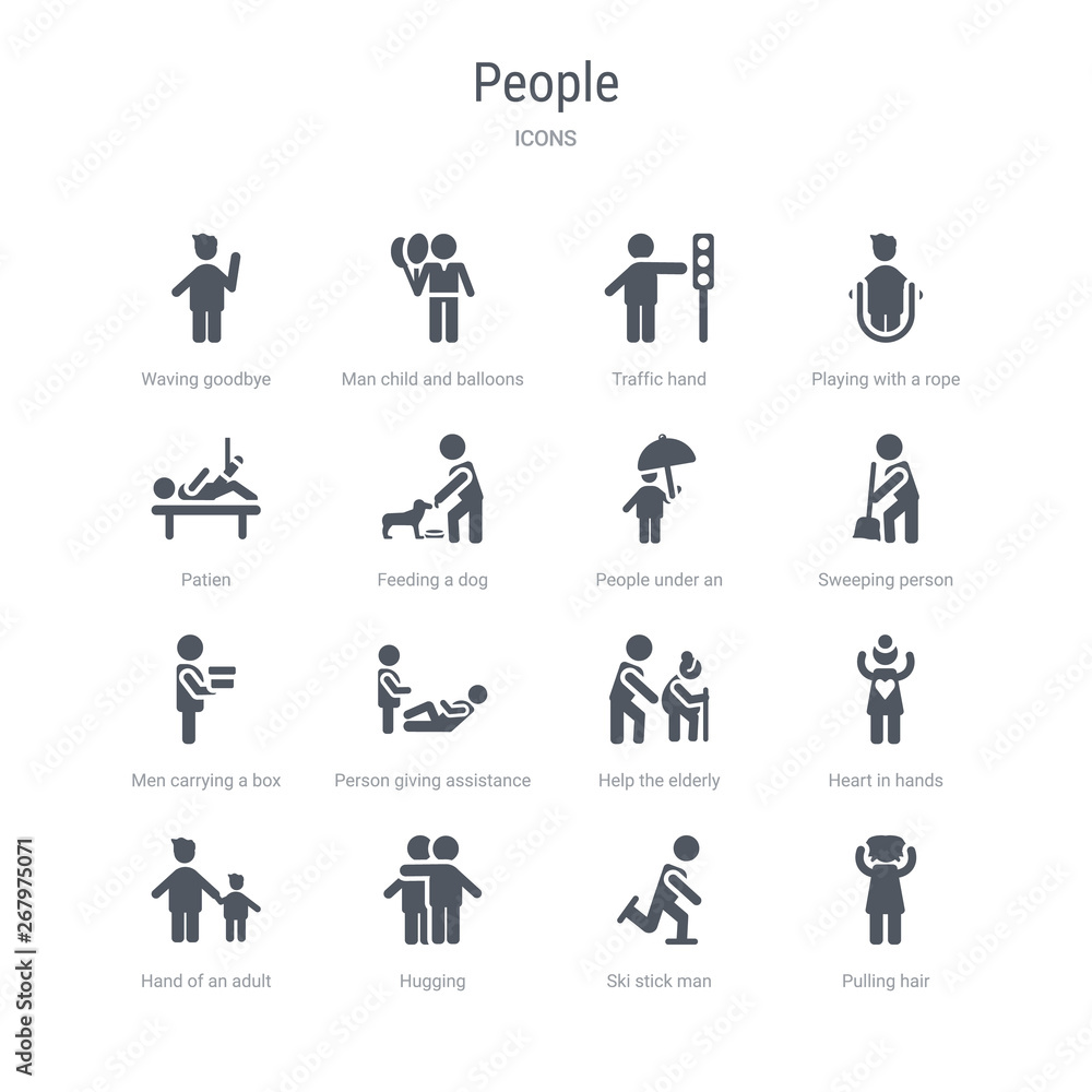 set of 16 vector icons such as pulling hair, ski stick man, hugging, hand of an adult, heart in hands, help the elderly, person giving assistance, men carrying a box from people concept. can be used set of 16 vector icons such as pulling hair, ski stick man, hugging, hand of an adult, heart in hands, help the elderly, person giving assistance, men carrying a box from people concept. can be used