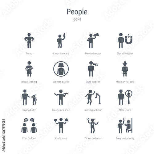 set of 16 vector icons such as pregnant priority, ticket collector, preference, chat balloon, male users, running at finish line, biceps of a man, crying baby from people concept. can be used for