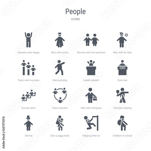 set of 16 vector icons such as children in school, helping other to jump, give a piggy back ride, tall hat, partners claping hands, man with company, team success, succes team from people concept.