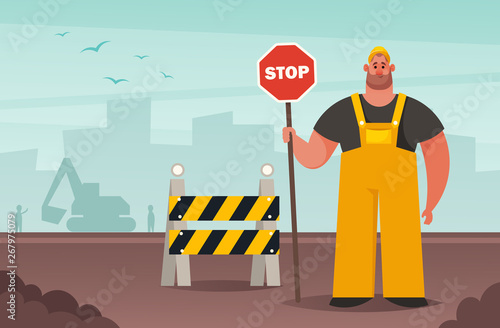 Strong Builder Holding Stop Sign. Road Works. Cartoon Style. Vector Illustration