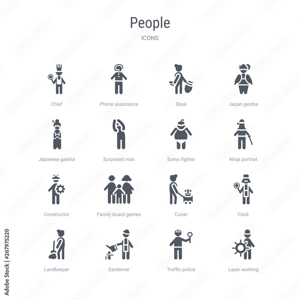 set of 16 vector icons such as layer working, traffic police, garderner, landkeeper, cook, curier, family board games, constructor from people concept. can be used for web, logo, ui\u002fux set of 16 vector icons such as layer working, traffic police, garderner, landkeeper, cook, curier, family board games, constructor from people concept. can be used for web, logo, ui\u002fux